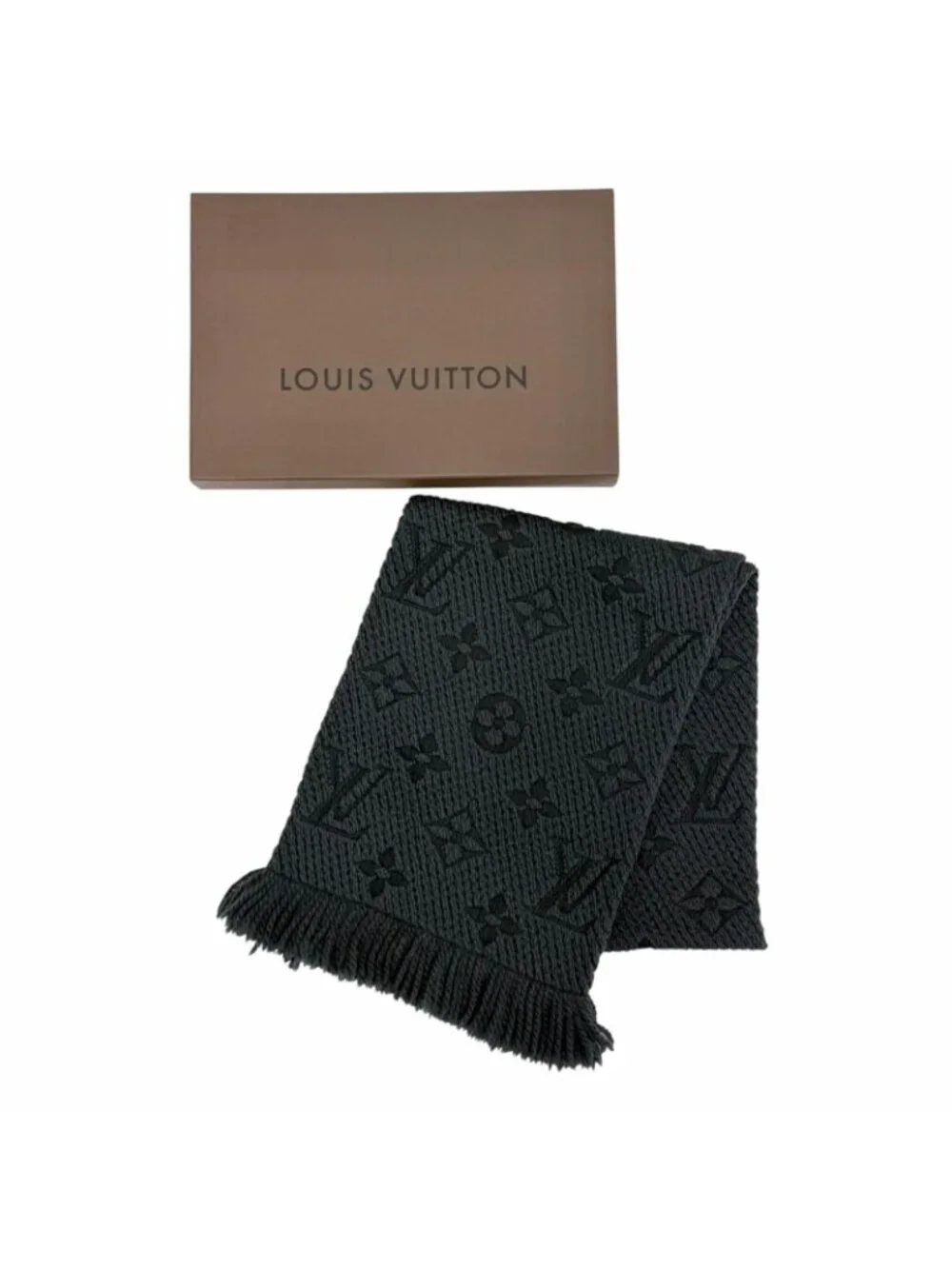 Louis Vuitton Logomania Scarf Wool Silk Monogram Dark Gray